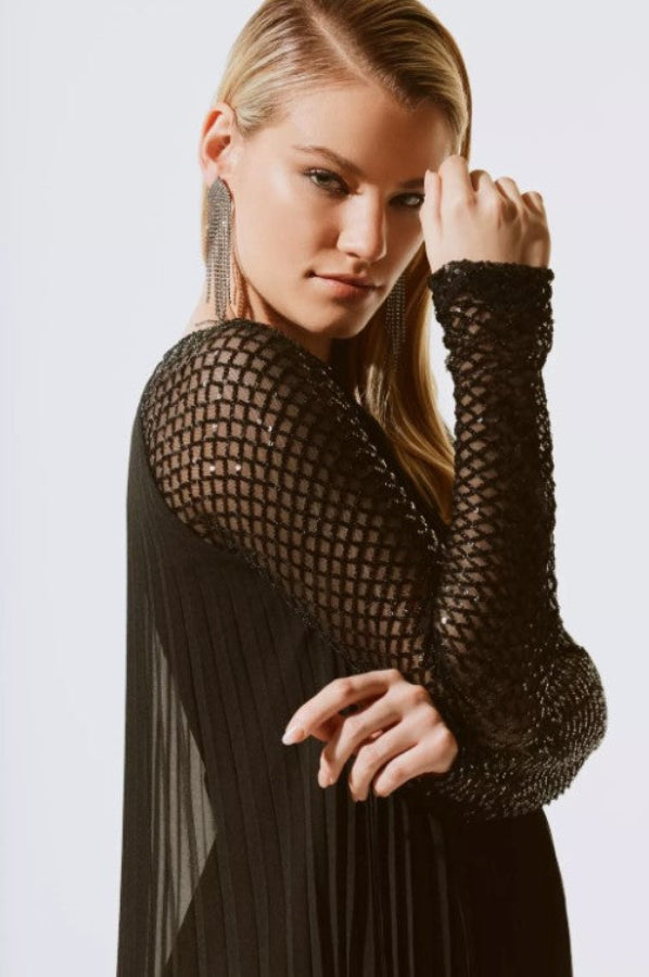 Joseph Ribkoff 243778 Black Pleated Chiffon Sequin Embellished Dress