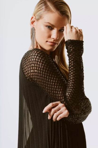 Joseph Ribkoff 243778 Black Pleated Chiffon Sequin Embellished Dress