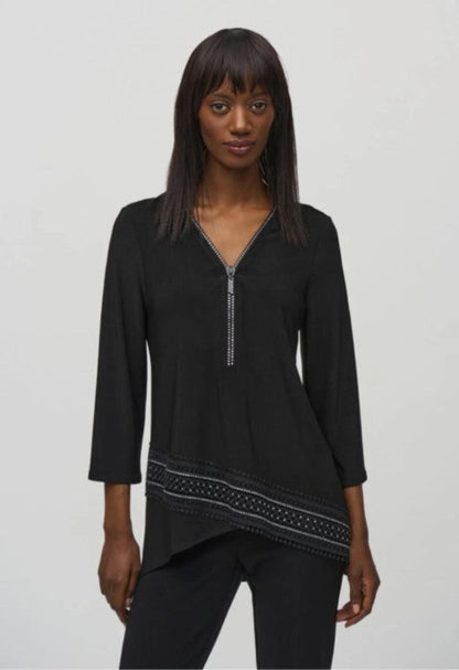 Joseph Ribkoff 244026 Black Embellished Zip V-Neck High-Low Tunic Top