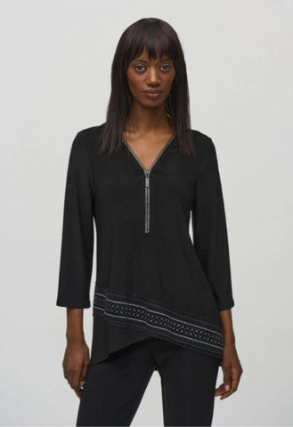 Joseph Ribkoff 244026 Black Embellished Zip V-Neck High-Low Tunic Top
