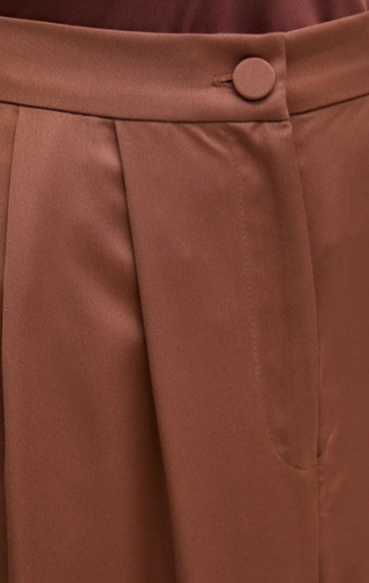 Close-up of brown pleated pants with a button detail.
