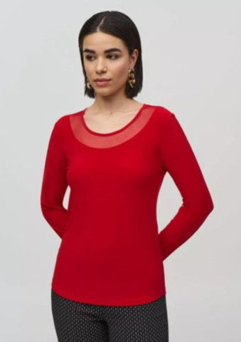 Joseph Ribkoff 244066 Lipstick Red Mesh Round Neck Fitted Top