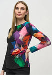 Joseph Ribkoff 244073 Black/Multi-Color Brushstroke Print Ruched Top