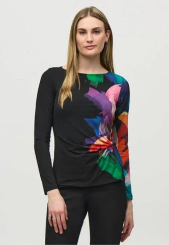 Joseph Ribkoff 244073 Black/Multi-Color Brushstroke Print Ruched Top
