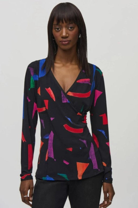 Joseph Ribkoff 244079 Black/Multi Abstract Print Faux Wrap Top