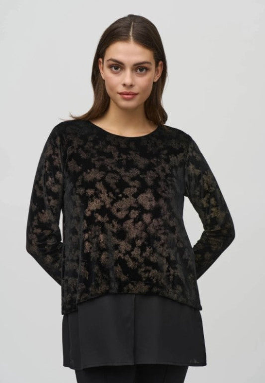 Joseph Ribkoff 244228 Black/Gold Foiled Velvet Long Sleeve Top