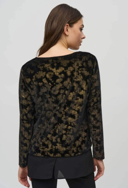 Joseph Ribkoff 244228 Black/Gold Foiled Velvet Long Sleeve Top