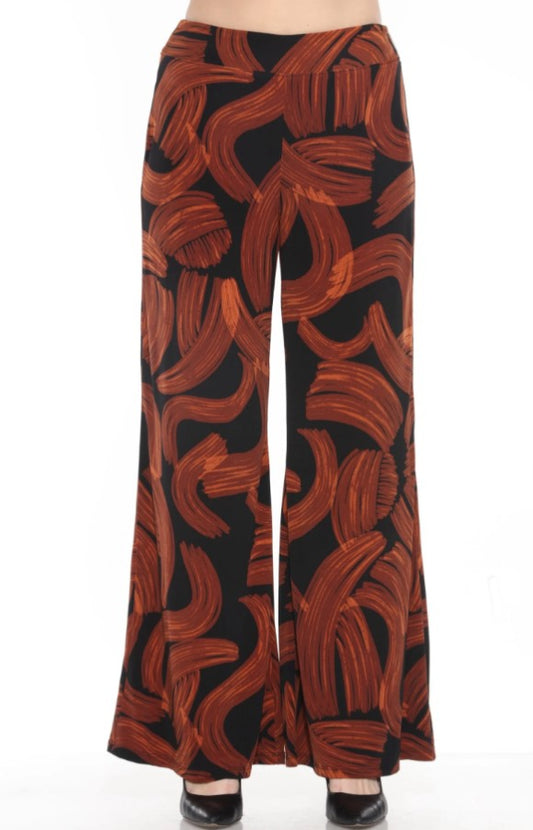 Wide-leg pants with brown abstract pattern on a white background