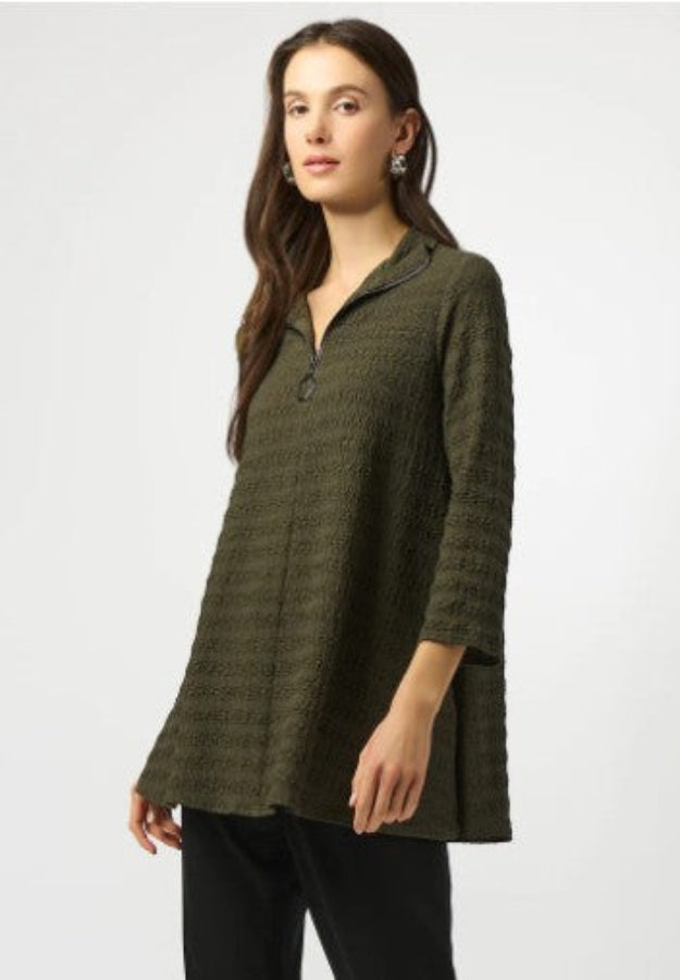 Joseph Ribkoff 253028 Avocado Zipped Collar 3/4 Sleeves A-Line Textured Top