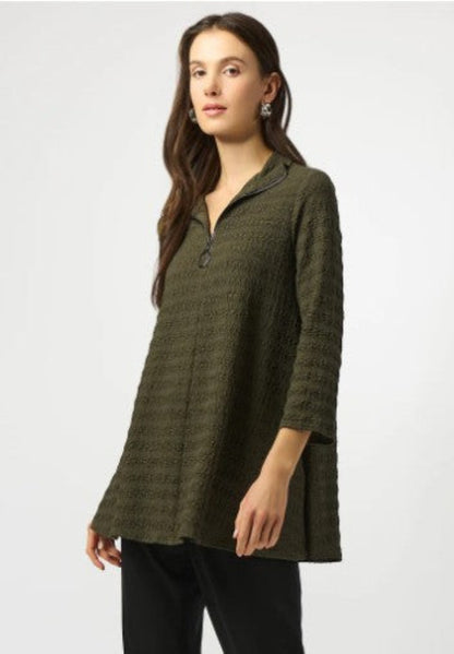 Joseph Ribkoff 253028 Avocado Zipped Collar 3/4 Sleeves A-Line Textured Top