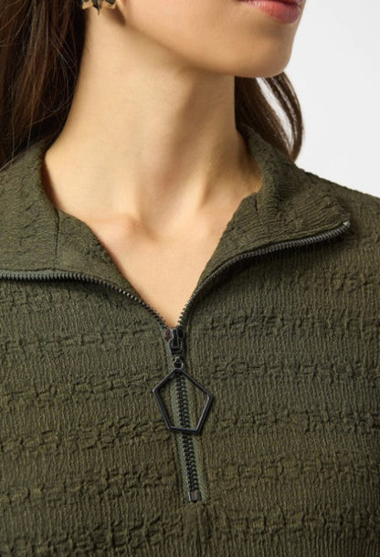 Joseph Ribkoff 253028 Avocado Zipped Collar 3/4 Sleeves A-Line Textured Top