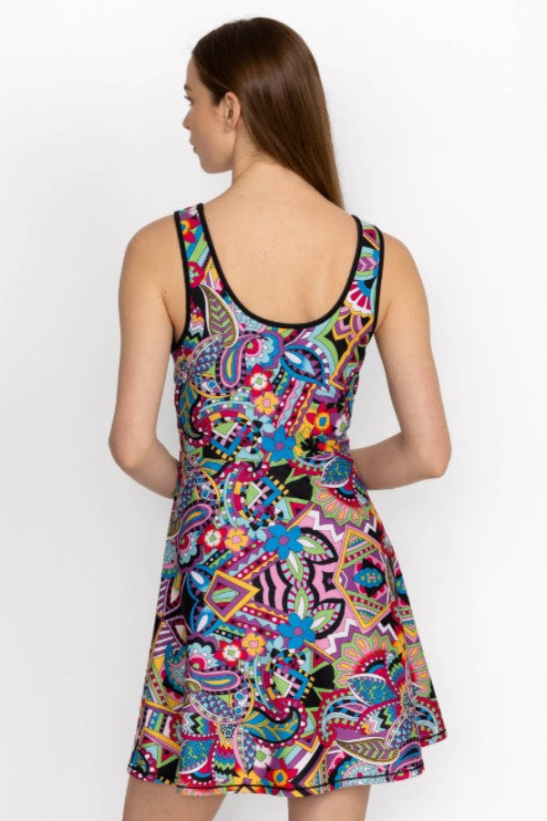 Johnny Was A7824-3 Multi-Color Abstract Print Sleeveless Tennis Dress