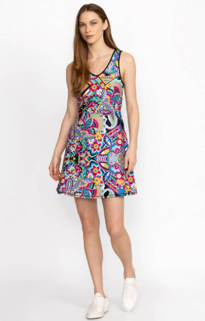 Johnny Was A7824-3 Multi-Color Abstract Print Sleeveless Tennis Dress