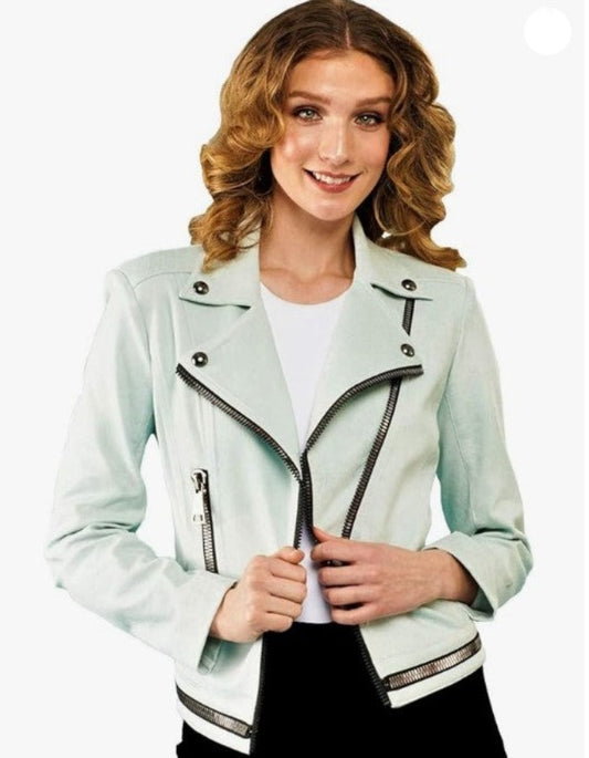 Lena Gabrielle Mint Zipper Detail Pleather Jacket BCJ9033BL