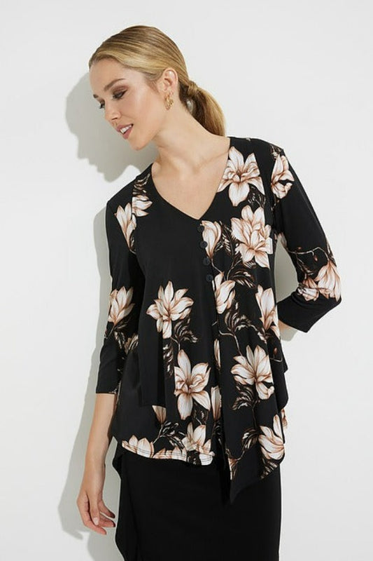 Joseph Ribkoff 224301 Black/Multi Floral Print V-Neck Top