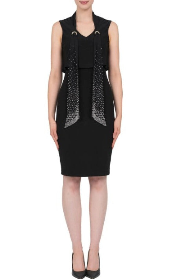 Joseph Ribkoff Midnight Blue Scarf V-Neck Sleeveless Dress 184201