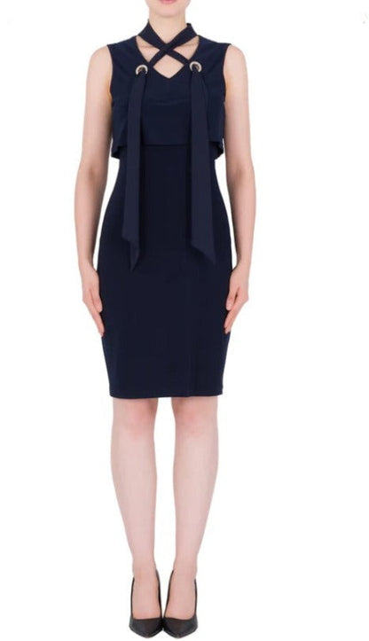 Joseph Ribkoff Midnight Blue Scarf V-Neck Sleeveless Dress 184201