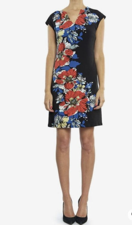 Joseph Ribkoff Black/Multi-Color Floral Print V-Neck Dress 182582