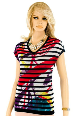 Tricotto Multi-Color Knit Short Sleeve Top with Stripes 611