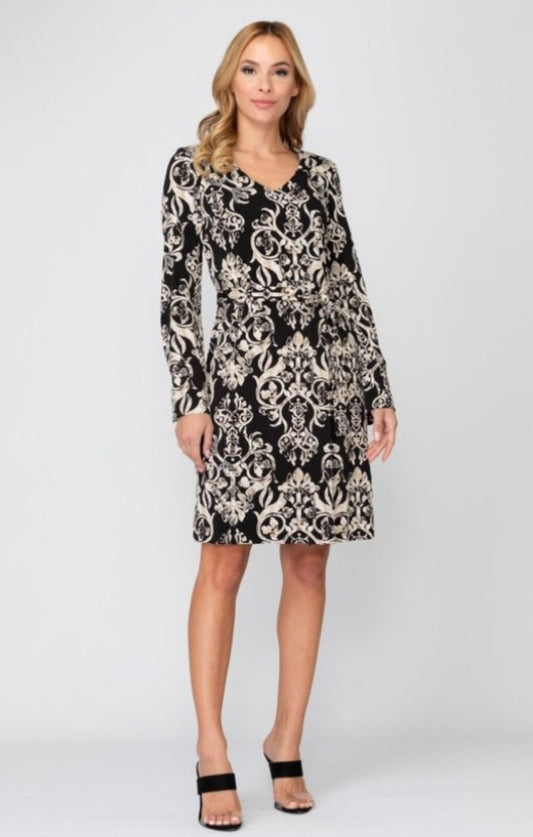 Joseph Ribkoff Black/Grey Filigree Print Long Sleeve Dress 193664