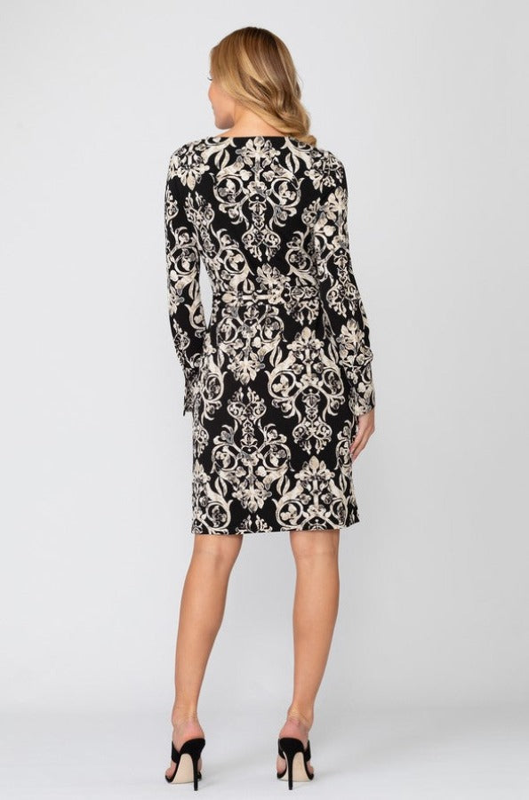 Joseph Ribkoff Black/Grey Filigree Print Long Sleeve Dress 193664