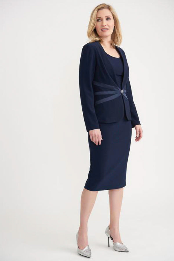 Joseph Ribkoff Midnight Blue Satin Waist Ribbon Accent Twin Set Jacket 203673