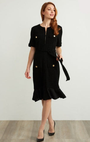 Joseph Ribkoff Black Pleated Hem Short Sleeve Textured Dress 211035