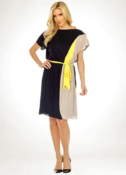 Joseph Ribkoff Black/Sand/Yellow Waist Tie Dress 212053