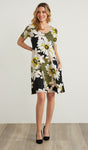 Joseph Ribkoff Black/Multi-Color Floral Striped Short Sleeve Fit-and-Flare Dress 212225