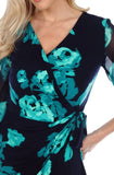 Joseph Ribkoff Midnight Blue/Green Floral Print Mock-Wrap Sheath Dress 213270