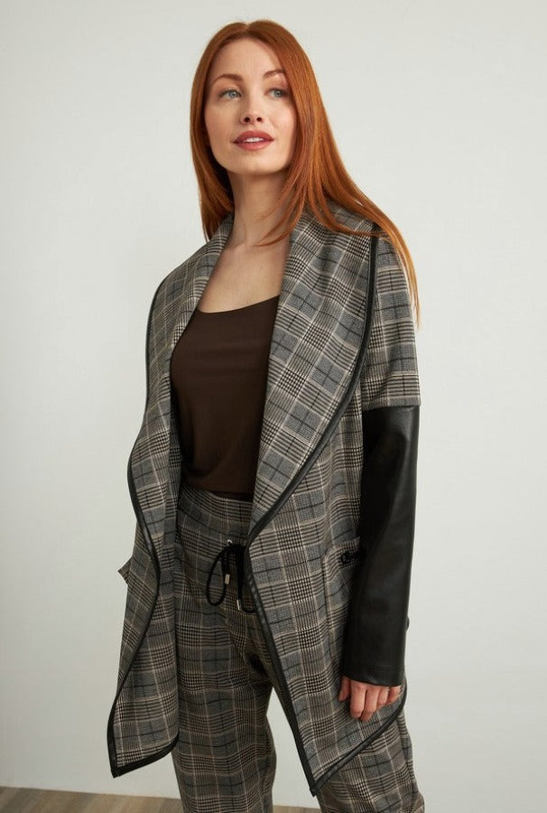 Joseph Ribkoff Black/Multi-Color Plaid Pleather Sleeve Jacket 213656