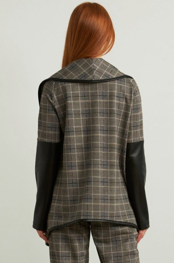 Joseph Ribkoff Black/Multi-Color Plaid Pleather Sleeve Jacket 213656
