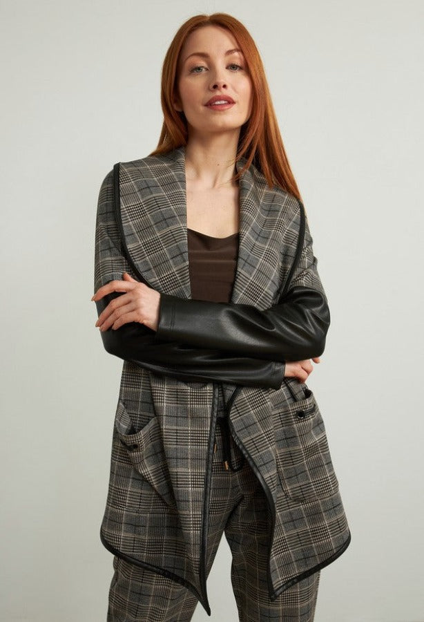 Joseph Ribkoff Black/Multi-Color Plaid Pleather Sleeve Jacket 213656