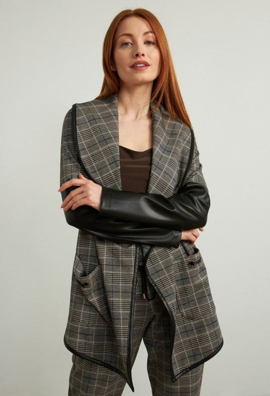 Joseph Ribkoff Black/Multi-Color Plaid Pleather Sleeve Jacket 213656