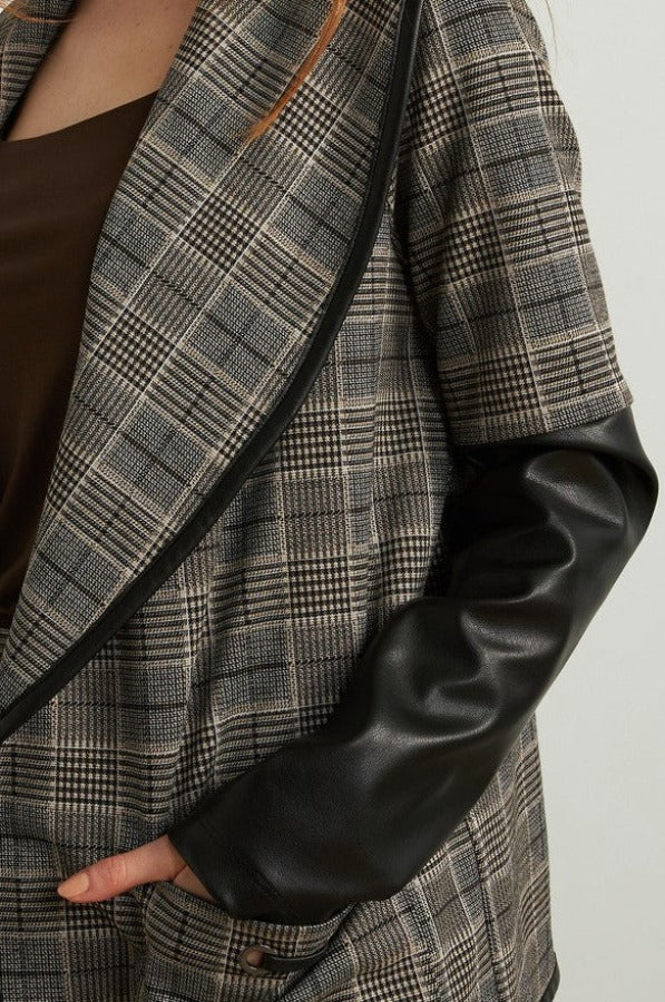 Joseph Ribkoff Black/Multi-Color Plaid Pleather Sleeve Jacket 213656