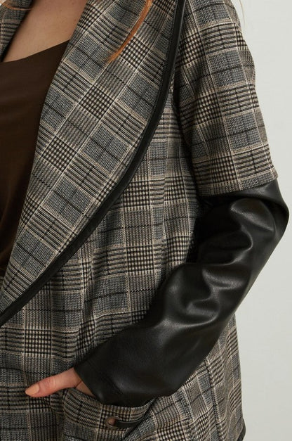 Joseph Ribkoff Black/Multi-Color Plaid Pleather Sleeve Jacket 213656