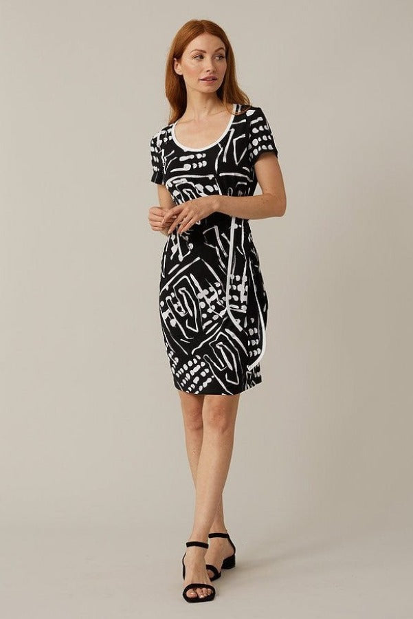 Joseph Ribkoff 221227 Black/Vanilla Abstract Print Ruched Short Sleeve Dress