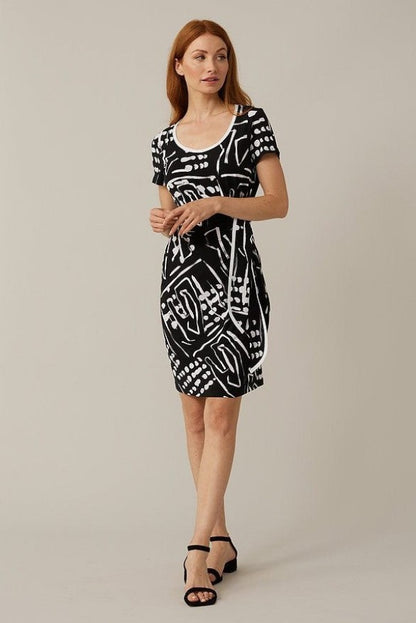 Joseph Ribkoff 221227 Black/Vanilla Abstract Print Ruched Short Sleeve Dress