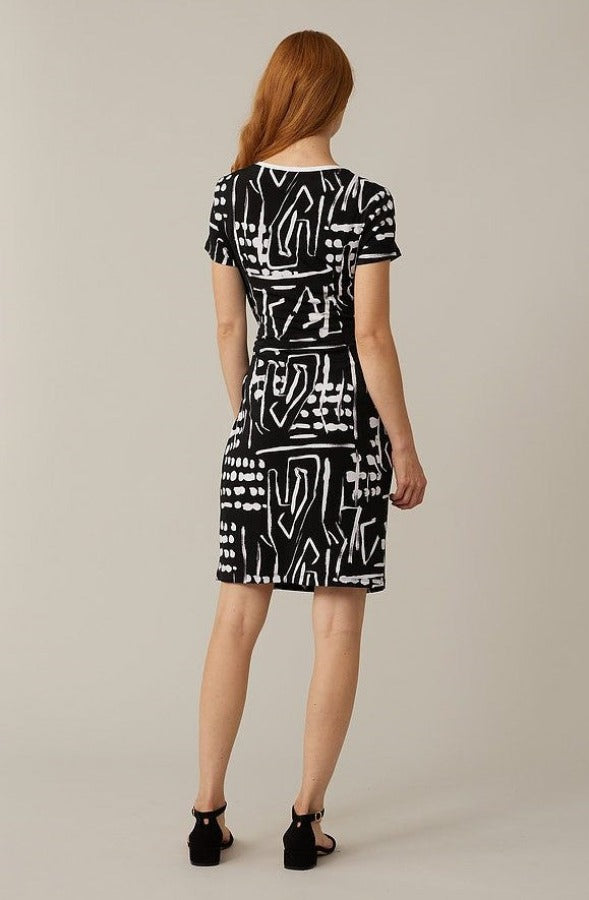 Joseph Ribkoff 221227 Black/Vanilla Abstract Print Ruched Short Sleeve Dress