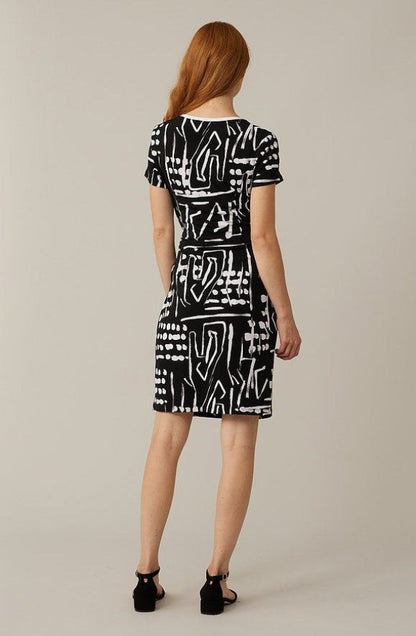 Joseph Ribkoff 221227 Black/Vanilla Abstract Print Ruched Short Sleeve Dress