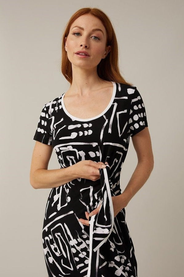 Joseph Ribkoff 221227 Black/Vanilla Abstract Print Ruched Short Sleeve Dress