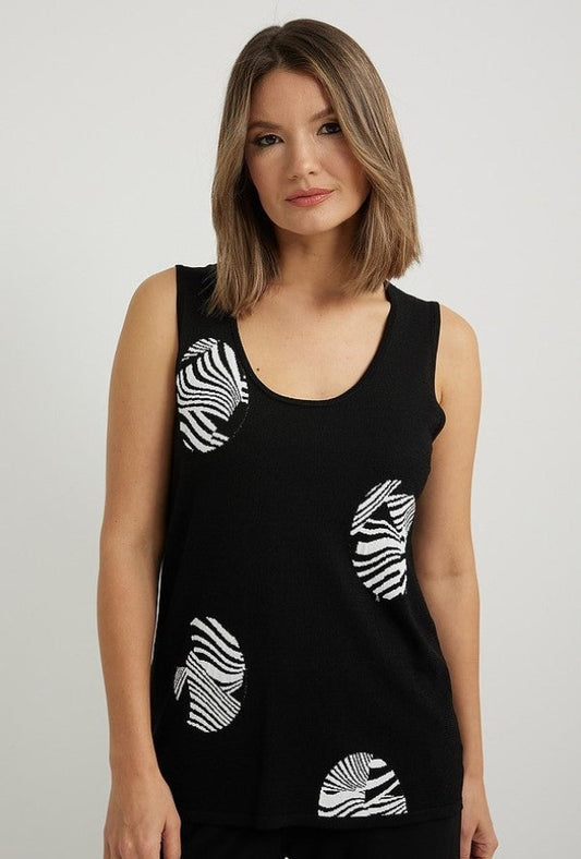 Joseph Ribkoff Black/Vanilla Round Zebra Print Sleeveless Knit Top 222915