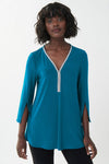 Joseph Ribkoff Lagoon Blue Rhinestone Accent 3/4 Slit Sleeve Tunic Top 223198