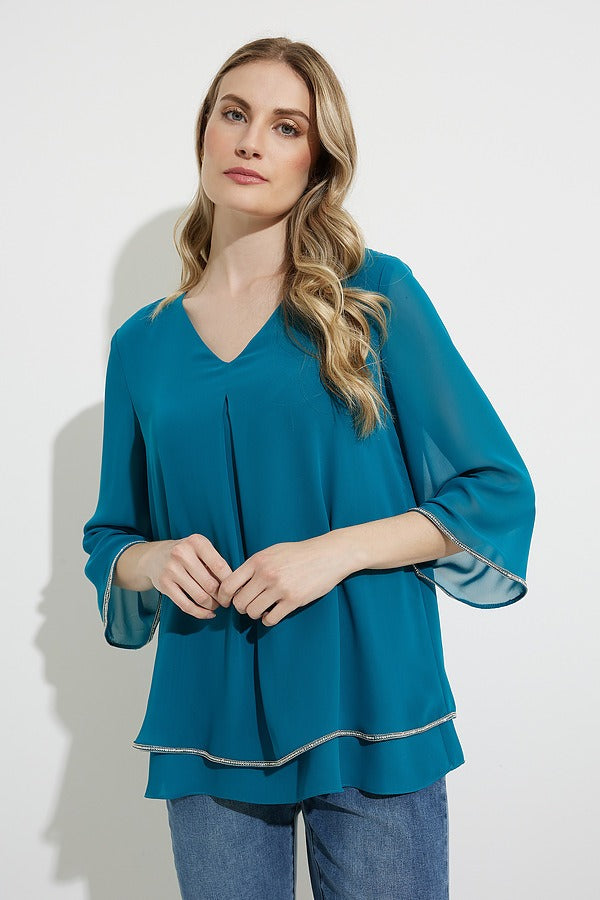 Joseph Ribkoff Lagoon Blue Layered Rhinestone Trim 3/4 Sleeve Top 224008
