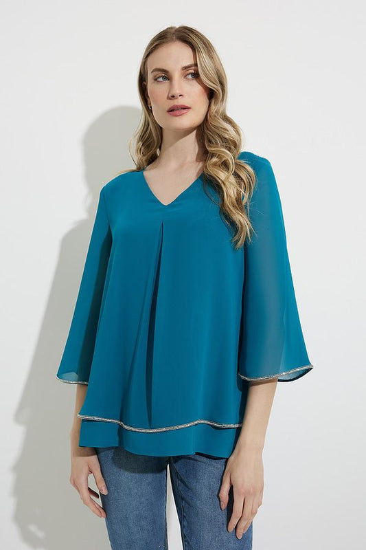 Joseph Ribkoff Lagoon Blue Layered Rhinestone Trim 3/4 Sleeve Top 224008