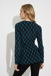 Joseph Ribkoff Black/Lagoon Blue Ruched Faux Wrap Long Sleeve Top 224215