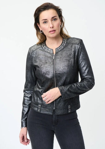 Joseph Ribkoff Black/Silver Studded Zip-Up Faux Suede Jacket 224904