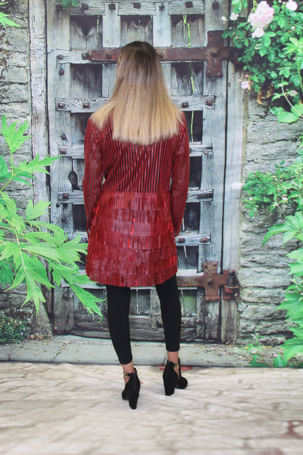 ABF Layered Bottom Fringe Long Leather Jacket with Zipper 1191005