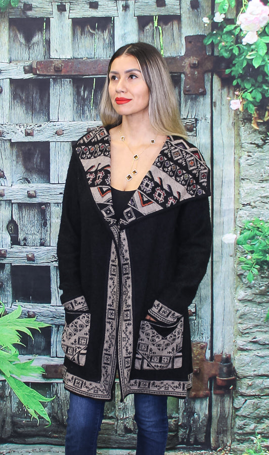 Alpaca Black/Multi-Color Pattern Hooded Sweater 120740
