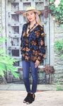 Alpaca "Estefania" Black/Brown/Blue Floral Pattern Button Sweater 120710
